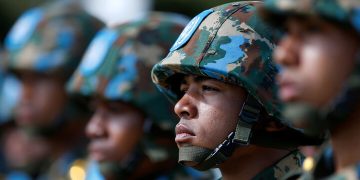 A group of soldiers in uniform, with helmets on and looking forward in a disciplined manner