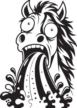 Cartoon horse head character puking liquid spray illustrating funny expression crazy mascot design style.