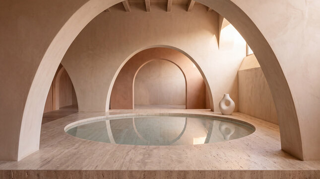 Minimalist Abstract Architectural Environment with Curved Plaster Walls and Water Pool