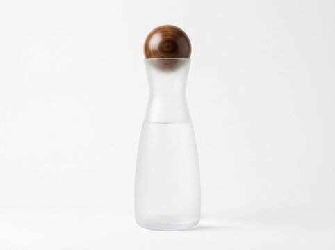 Minimalist glass water carafe with a round wooden stopper isolated on white background