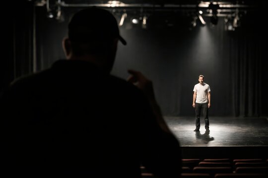 Actor standing under single spotlight during theatrical audition on stage