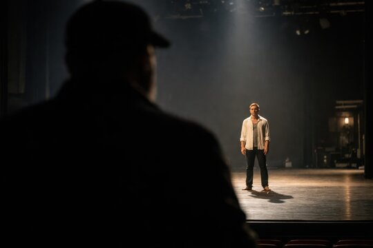 Young performer auditioning on dark stage in front of director silhouette