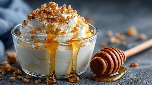 Greek Yogurt Bowl with Whipped Cream Honey Drizzle and Crunchy Granola Topping for Healthy Breakfast Concept