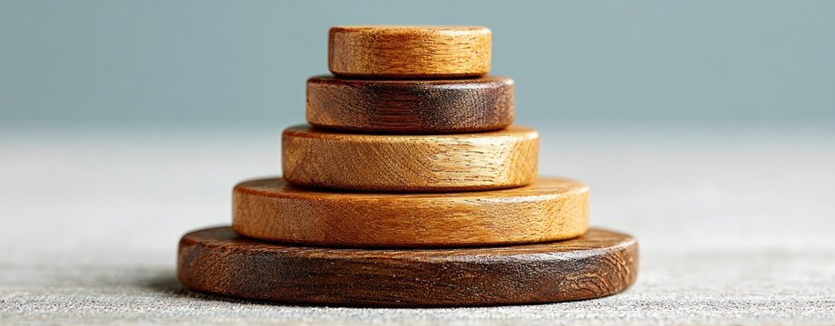 Stacked wooden discs forming pyramid shape on textured grey surface representing balance and mindfulness for wellness and professional growth concepts