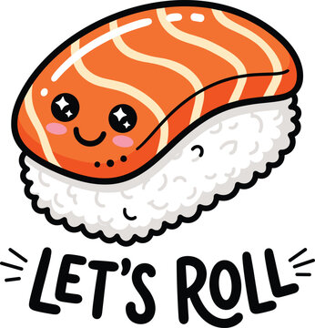 Salmon nigiri sushi character with lets roll text. Salmon sushi character with text for food branding or stickers