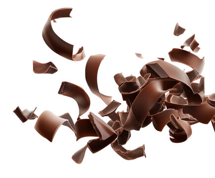 Dark chocolate shavings spiraling and floating, perfect concept for indulgence and sweetness, isolated on transparent background