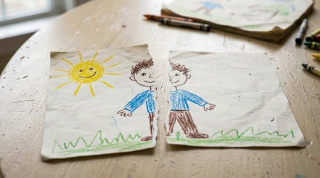 A torn child drawing of a person with the sun on a wooden table symbolizes divorce and broken family dynamics, capturing themes of separation and heartache, underscoring the broken drawing