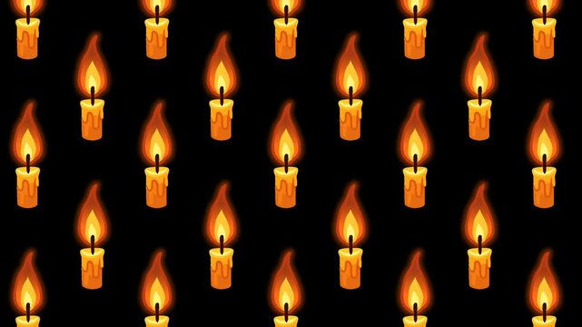 Seamless pattern of burning halloween candles flickering on black background.