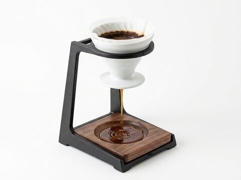 Pour over coffee brewing process with a white ceramic dripper and paper filter on a modern black metal stand with a wooden base, isolated on white background