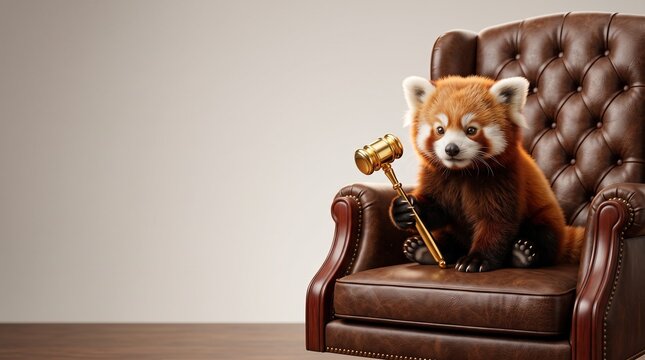 Cute red panda sitting in executive leather armchair holding golden gavel, humorous National Boss Day and legal authority concept with vast banner copy space