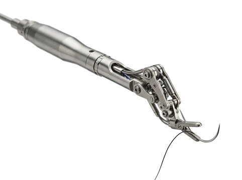 Robotic surgical instrument with a needle holder and suture needle, isolated on white background