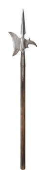 Upright double-bladed spear-like polearm with wooden shaft
