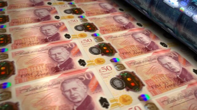 Great Britain pound sterling english money banknotes printing roll machine loop. Paper UK 50 GBP bank note print 3d looping seamless. Abstract concept of banking, finance, economy and crisis.