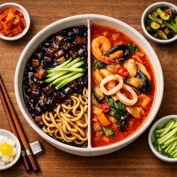 Korean dual noodle set featuring jajangmyeon and spicy seafood ramyeon with shrimp, squid, mussels, kimchi, and side dishes on a wooden table.