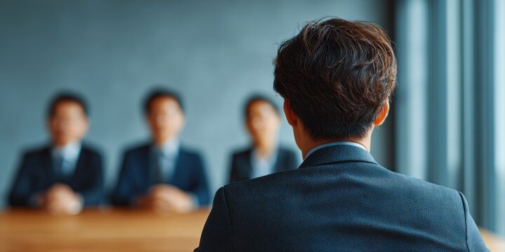 Job candidate sitting in front of interview panel in modern office boardroom during professional hiring process for new career opportunity
