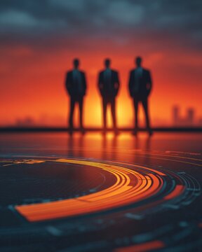 Three Businessmen Silhouettes on Rooftop with Glowing Digital Data Visualizations Representing Strategic Corporate Planning and Future Growth