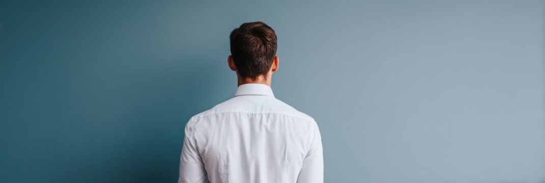 Man in white shirt standing against blue wall with copy space representing solitude and minimalist introspection for modern creative design projects
