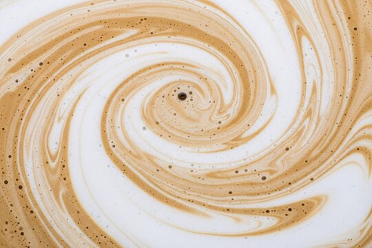 Creamy coffee swirl foam texture background, rich latte art surface close up, brown coffee with milk pattern