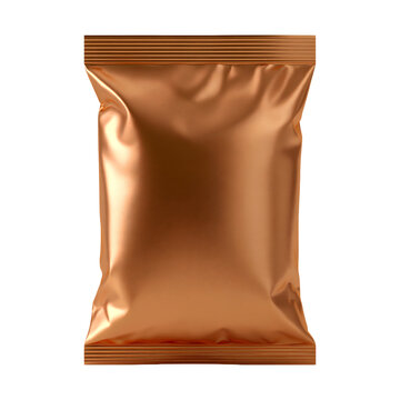 Blank copper gold metallic foil snack bag pouch mockup isolated realistic packaging element for food chips branding template on transparent background