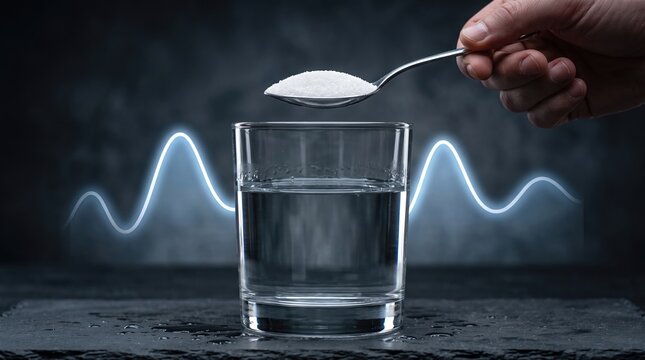a person holding a spoon full of sugar above a glass of water with glowing blood sugar wave charts.