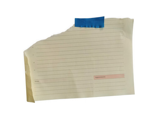 A small piece of ripped paper with handwritten text notes and a blue adhesive tape strip attached to the top edge