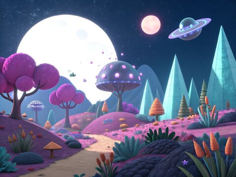 Flying saucer over glowing purple mushroom forest under twin moons