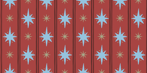 Fototapeta na wymiar Vector Seamless Christmas pattern with hand-drawn festive motifs, decorative stars and ornaments in a playful vintage-inspired style