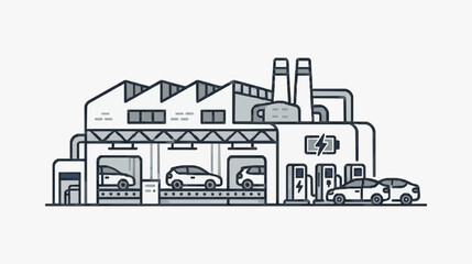 Fototapeta premium Electric Vehicle Manufacturing Plant with Charging Stations and Assembly Line