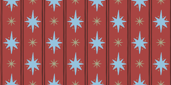 Vector Seamless Christmas pattern with hand-drawn festive motifs, decorative stars and ornaments in a playful vintage-inspired style