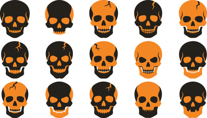 Fototapeta premium Vector illustration set featuring various stylized human skulls in black and orange colors for halloween graphic design projects