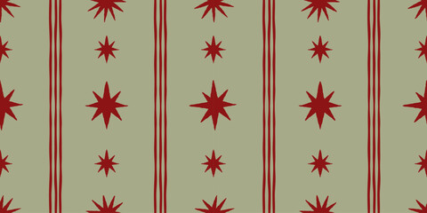 Fototapeta na wymiar Vector Seamless Christmas pattern with hand-drawn festive motifs, decorative stars and ornaments in a playful vintage-inspired style