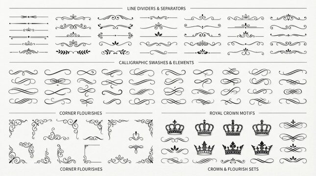 Decorative calligraphic line dividers and elegant flourishes featuring royal crown motifs designed for luxury stationery printing projects with clean black ink strokes on white paper background.