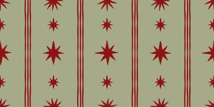 Vector Seamless Christmas pattern with hand-drawn festive motifs, decorative stars and ornaments in a playful vintage-inspired style