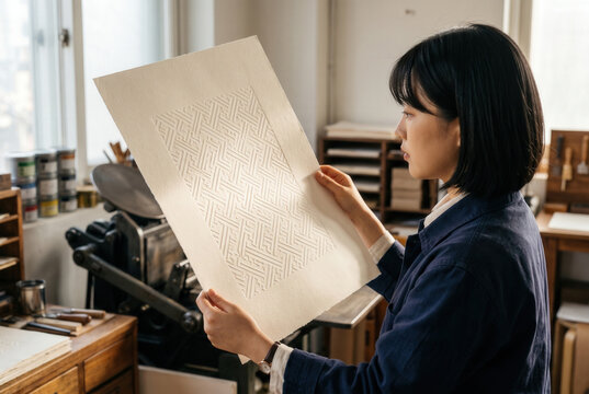 Woman Examining Embossed Geometric Paper in a Print Workshop
