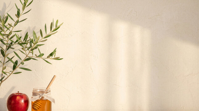 Rosh Hashanah Celebration Background Featuring Fresh Red Apple Honey Jar Olive Branch Minimalist Aesthetic Jewish New Year Shana Tova Greeting Card Concept Soft Warm Sunlight Shadows Texture Wall