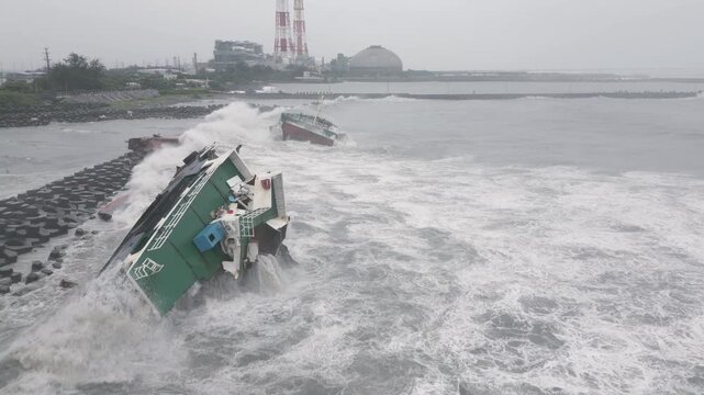 Large Wrecked Ship Hit By Crashing Waves In Extreme Weather