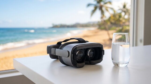Virtual reality headset and a glass of water sitting on a white table by the beach with white surface overlooking sandy beach ocean headset clear
