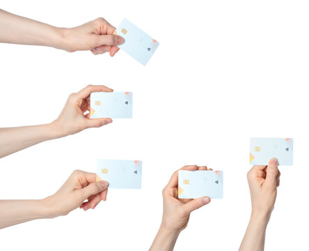 Set of Hands holding a bank card with a chip, isolated on transparent background. Ideal for finance, payment, banking, digital transactions, and security-themed projects