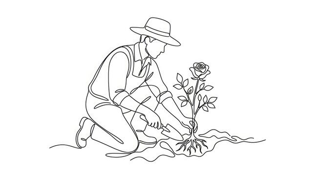 Continuous line drawing of a gardener planting a rose