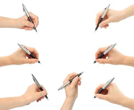 Set of hand holding ballpoint business pen isolated on transparent background. Perfect for modern design, abstract advertising and office concept projects