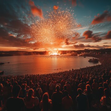Large crowd of people gathered on a shore watching a grand fireworks display over the water during sunset