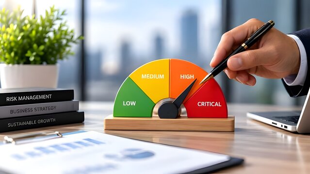 Businessman hand pointing pen at critical level on risk management gauge representing crisis business strategy and corporate performance evaluation