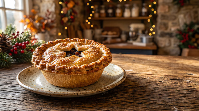 Freshly baked traditional Christmas mince pie served on a plate in rustic holiday kitchen, close up view photo