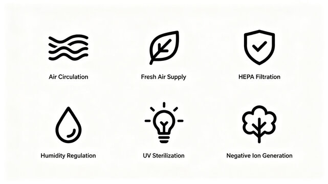 The slender black line air purification function icon represents air circulation, HEPA filtration, UV sterilization, and is suitable for promoting air appliances and product selling cards.
