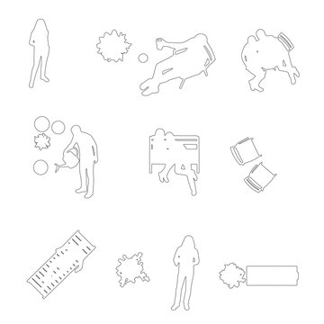 Architectural Top View People and Furniture Outline Set