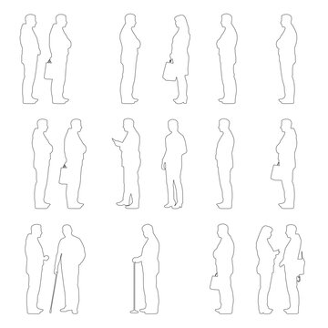 Standing People Side View Outline Set
