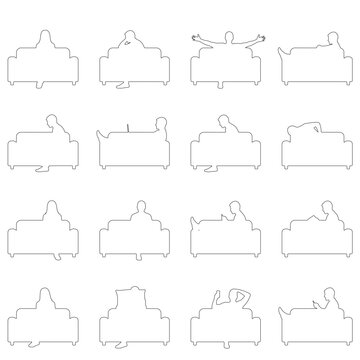 Collection of people sitting and relaxing on sofas in different poses, top view outline elements for architectural plans, interior design and furniture layouts.
