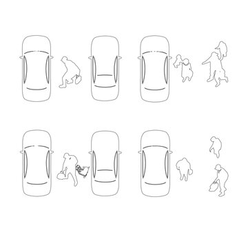 Collection of cars and people in different poses shown from above, designed for architectural plans, parking layouts, landscape projects and presentation drawings.