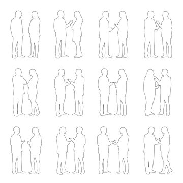 Collection of standing people communicating and interacting in different poses, isolated outline figures for architectural plans, interior design and presentation layouts.