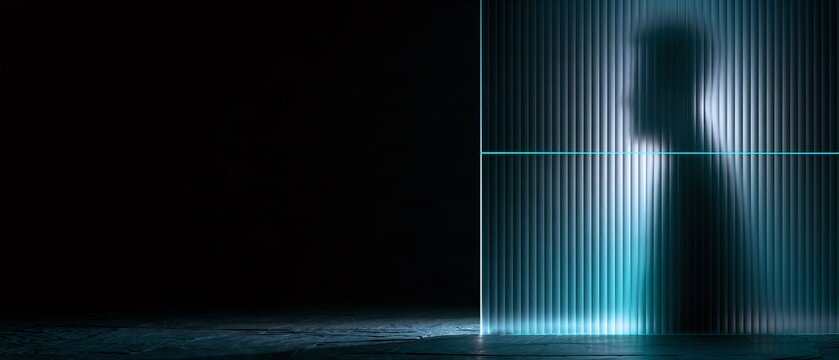 Avant Garde Photo of Facial Silhouette and Laser Scan Behind Fluted Glass for Biometric Surveillance and Privacy Concept

